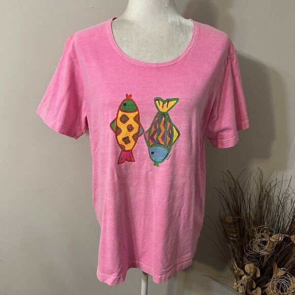 By JJ Women Pink Short Sleeve T-shirt Top Fish Print Scoop Neck Cotton Sz M Flaw - Picture 1 of 9